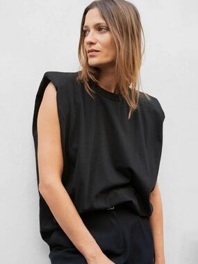 The Frankie Shop Eva Padded Shoulder Muscle Tee Top, Size Medium